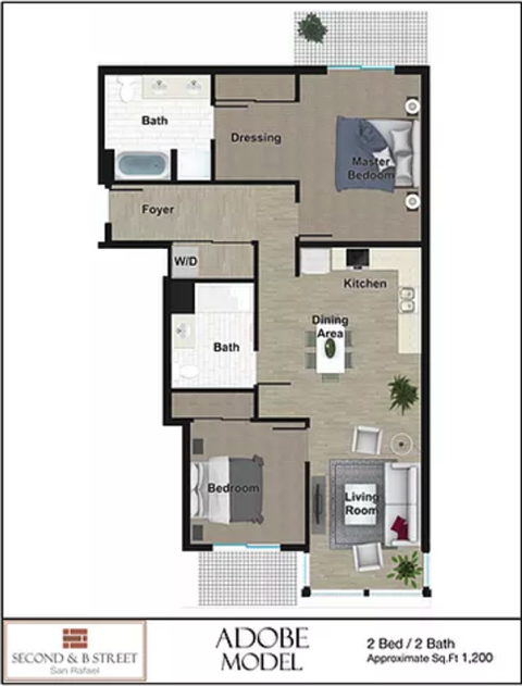 Floor plan for 2 beds, 2 baths, 1200 sqft